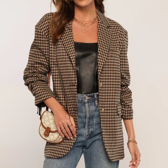 Heartloom Farron Blazer Check Pattern Ponte Oversized Jacket Tan 2-Button Sz S - Picture 1 of 13
